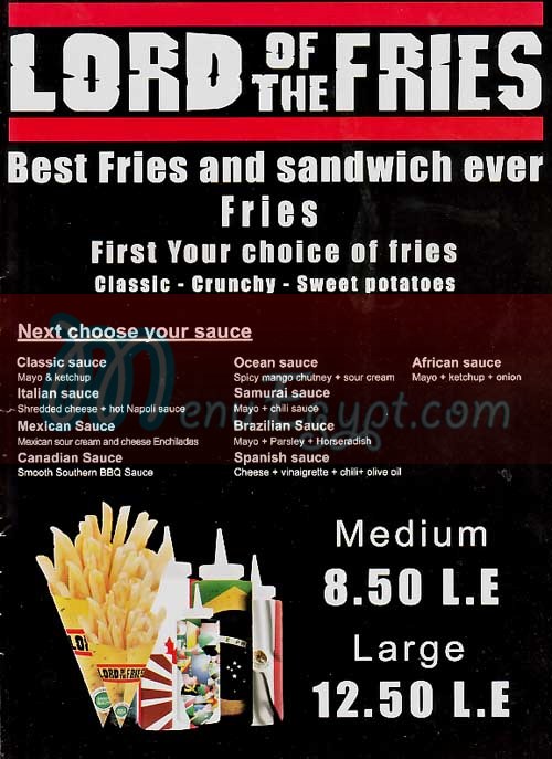 Lord of the Fries menu